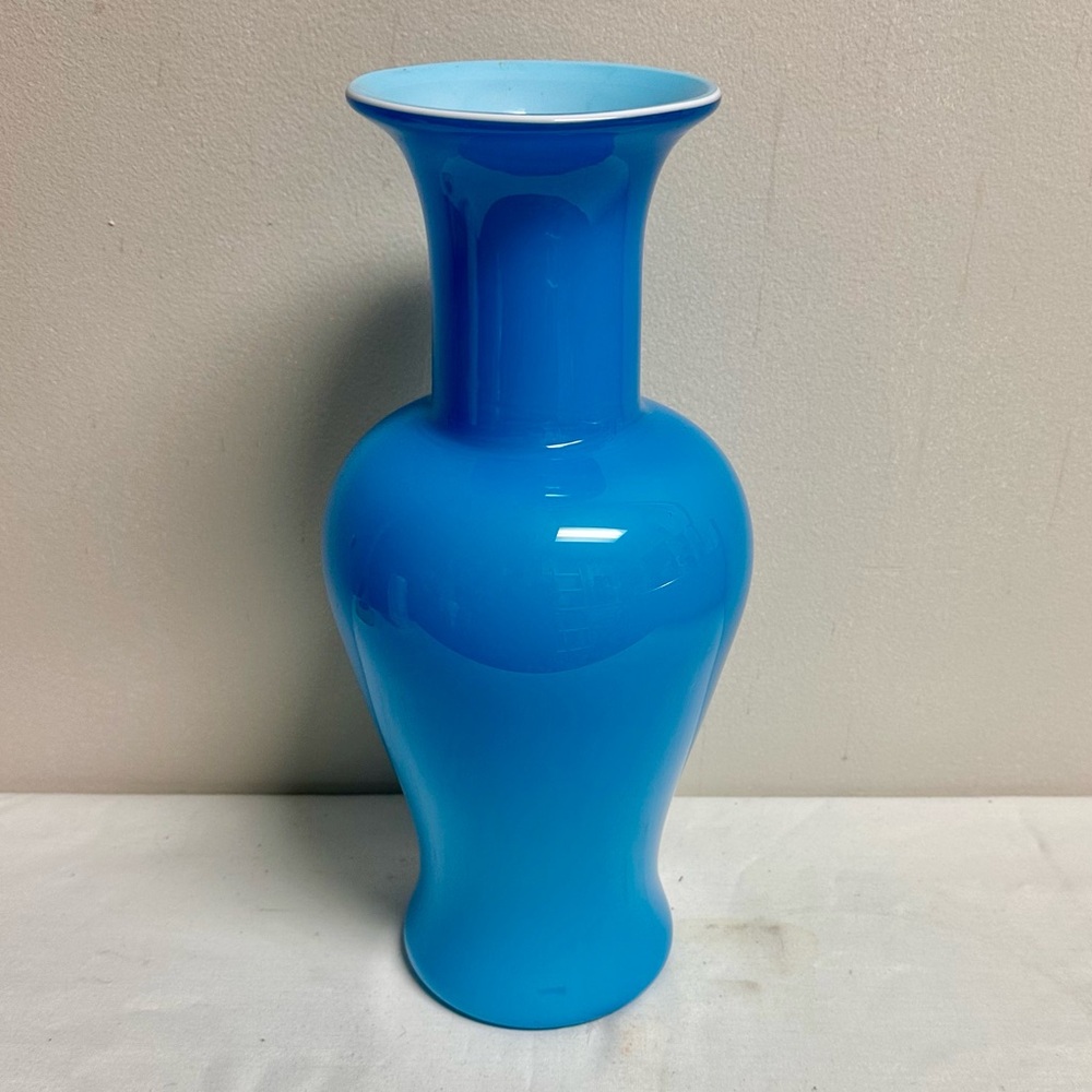 Mid-Century Cased Turquoise Blue Opaline Ginger Jar Blown Glass Tall Vase 14”H